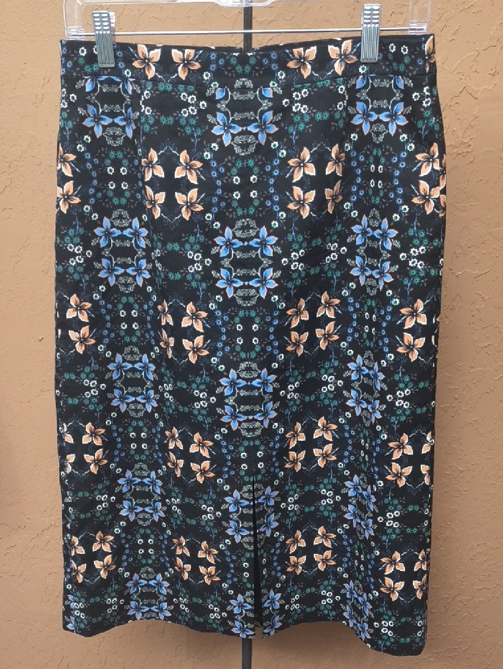 J. Crew Black Pencil Skirt with Blue & Peach Floral Print Size 6